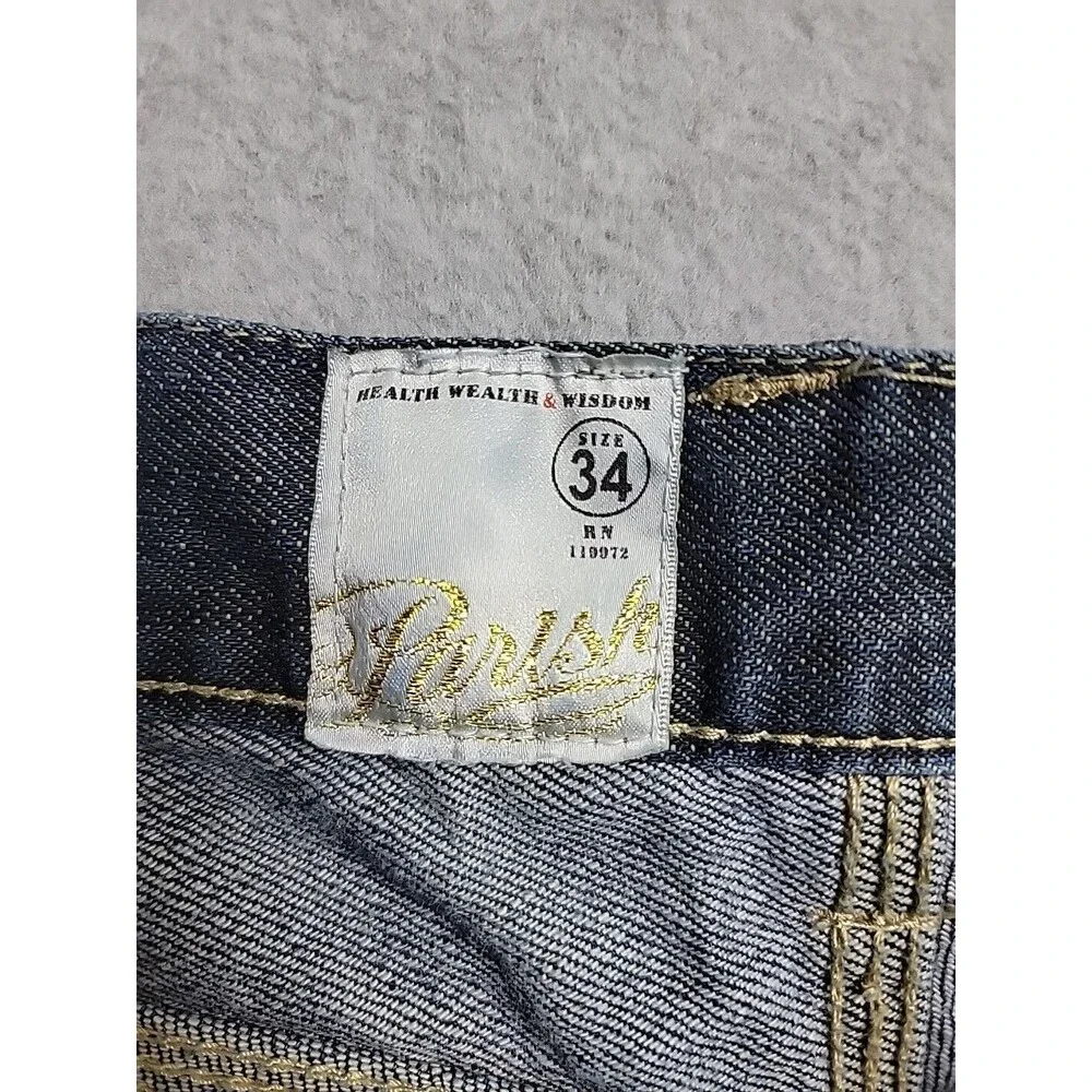 Parish Nation Jeans Mens 35x31 Dark Blue Plaque Baggy Embroidered Hip Hop Cotton